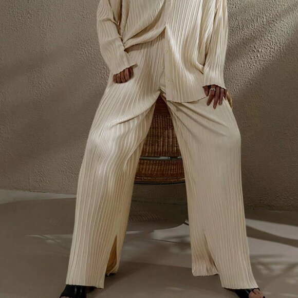 Apricot Casual Women's Solid Color Turn-Down Collar Top And Loose Pants - Picture 3 of 3